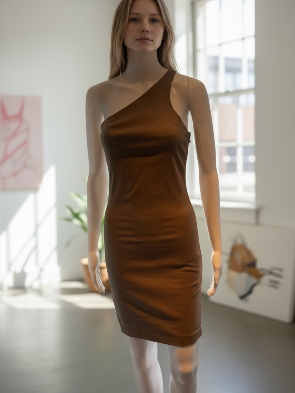 T by Alexander Wang One-Shoulder Brown Bodycon Dress size extra small